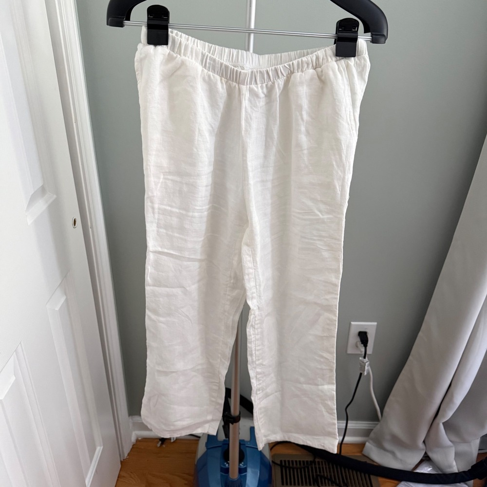 FLAX 100% Linen White Pull On Elastic Waist Wide Leg Pants Small Boho Lagenlook